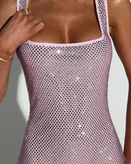 Vestido mini de fiesta para mujer con cuello cuadrado y pedrería para cóctel
