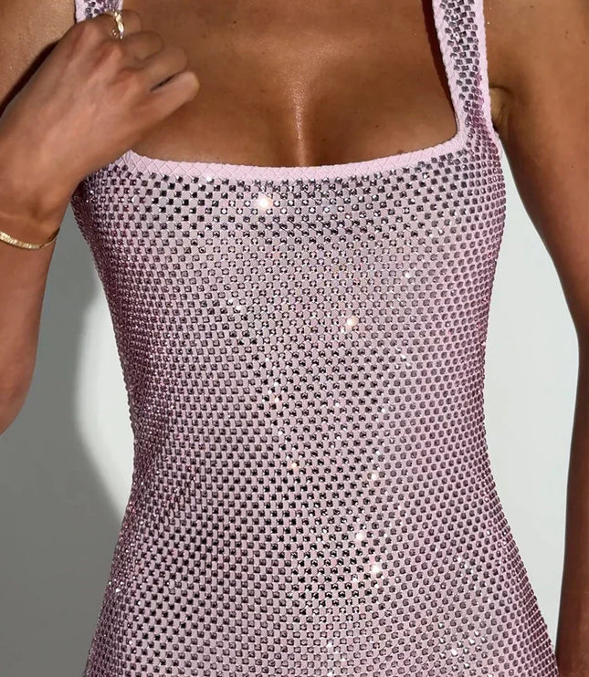 Vestido mini de fiesta para mujer con cuello cuadrado y pedrería para cóctel