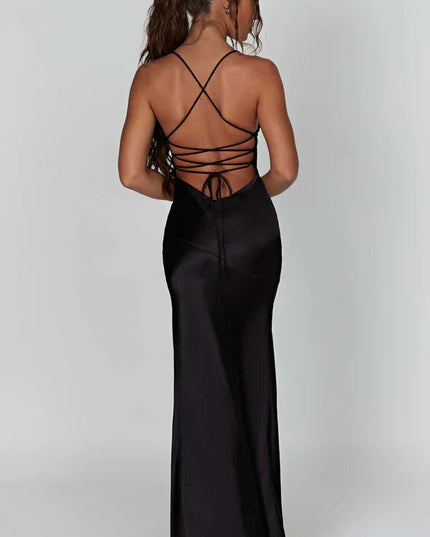 Back view of black satin maxi dress with strappy lace-up back detail