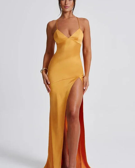 Gold satin v-neck maxi dress with high thigh slit and thin straps