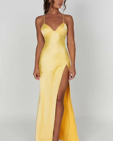 Pale yellow satin v-neck maxi dress with high slit and cami straps