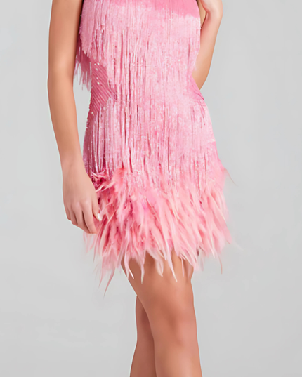 Side view of pink sequin fringe cocktail dress with v-neckline
