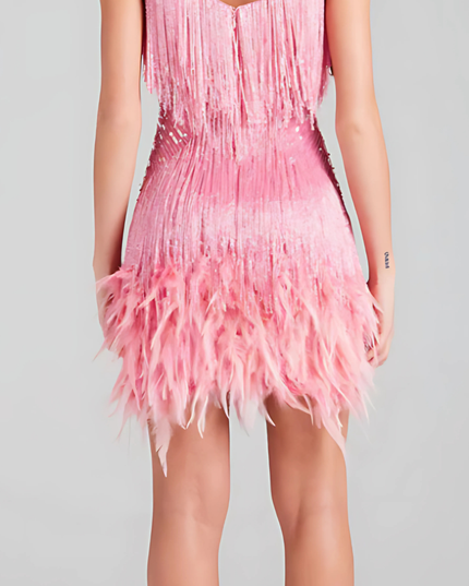 Back view of pink sequin fringe mini dress with spaghetti straps