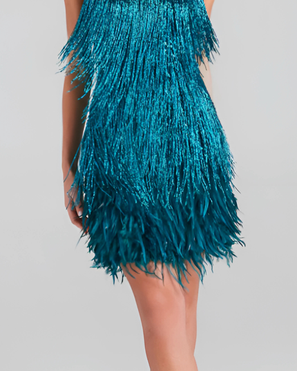 Teal sequin fringe v-neck mini dress with layered tassel details