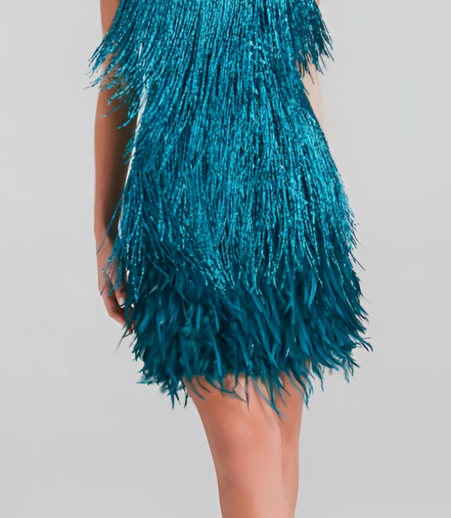 Teal sequin fringe v-neck mini dress with layered tassel details