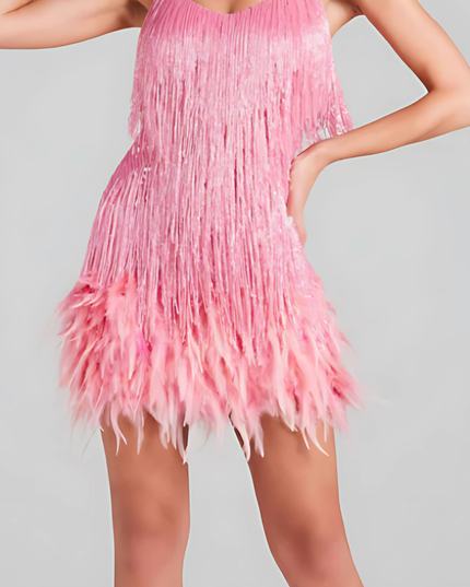 Pink sequin fringe v-neck camisole mini dress with layered tassel hem