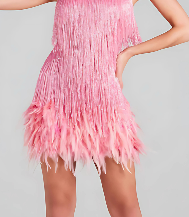 Pink sequin fringe v-neck camisole mini dress with layered tassel hem