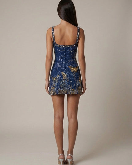 Women's Cocktail Sequin Square Neck Navy Mini Dress