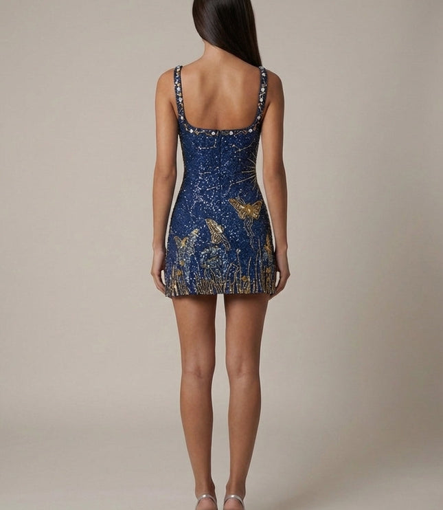 Vestido mini azul marino con lentejuelas y cuello cuadrado para cóctel para mujer