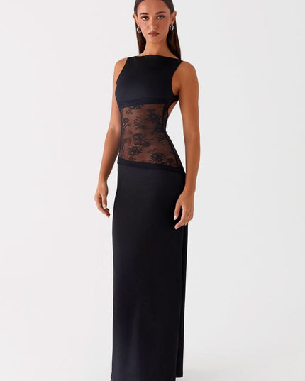 Black maxi dress with sheer lace waist panel, side view
