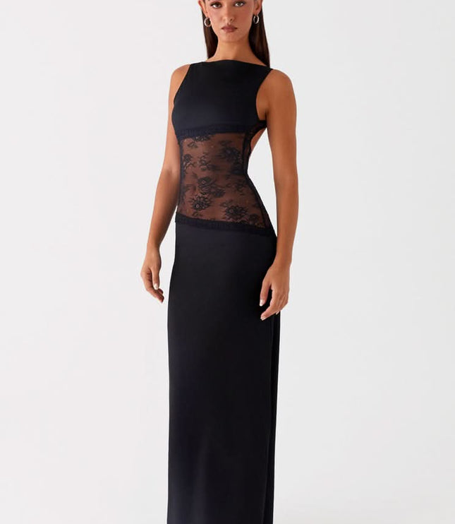 Black maxi dress with sheer lace waist panel, side view