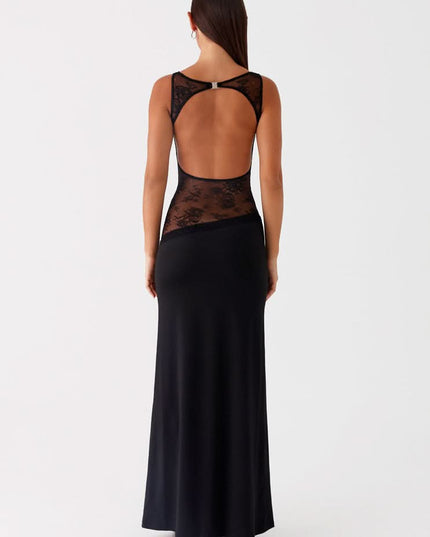 Black maxi dress with open back and lace cutout detail