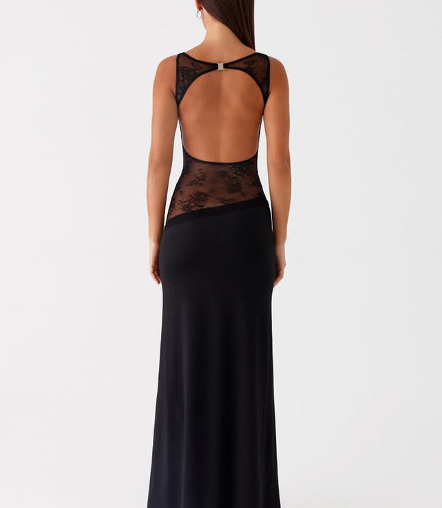 Black maxi dress with open back and lace cutout detail