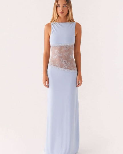 Light blue sleeveless maxi dress with lace waist cutout