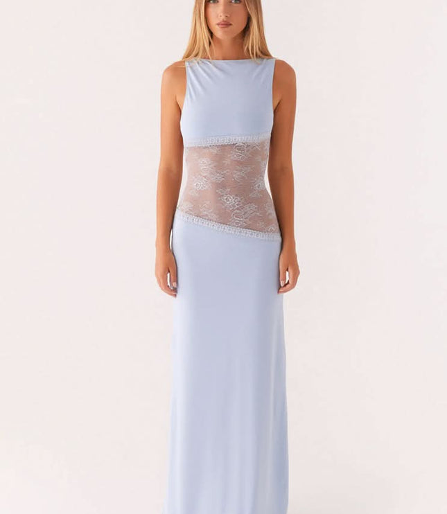 Light blue sleeveless maxi dress with lace waist cutout