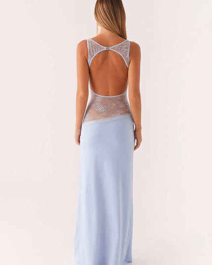 Light blue maxi dress with sheer lace panel, back view