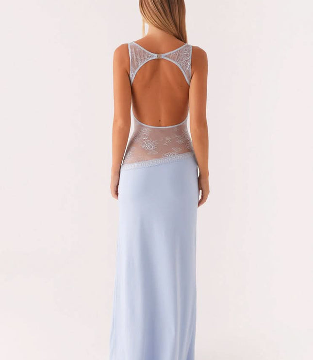 Light blue maxi dress with sheer lace panel, back view