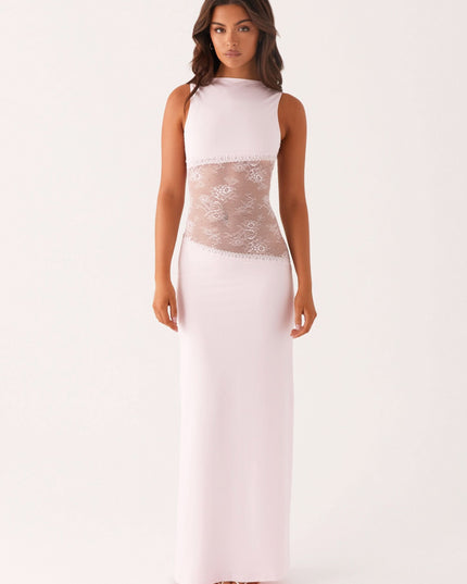 Pale pink sleeveless maxi dress with lace cutout waist