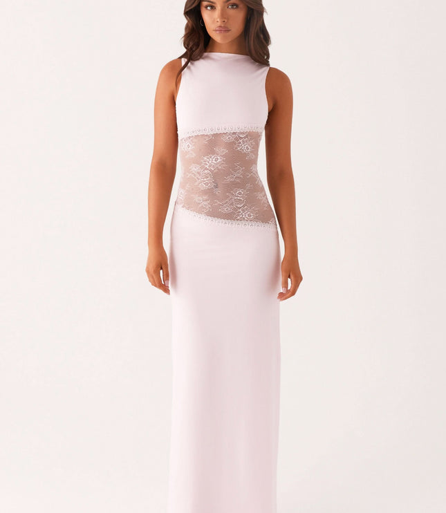 Pale pink sleeveless maxi dress with lace cutout waist