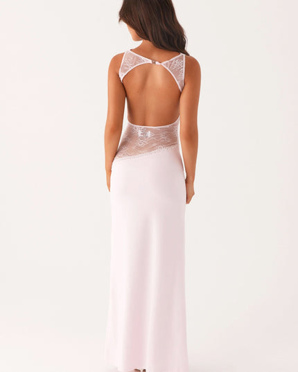 Pale pink maxi dress with open back and lace detail