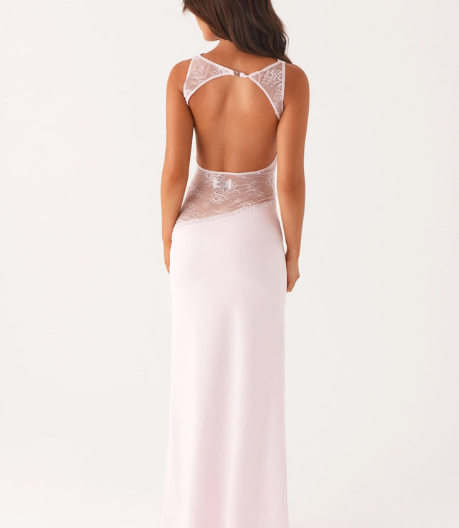 Pale pink maxi dress with open back and lace detail