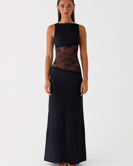 Black sleeveless maxi dress with lace cutout at waist