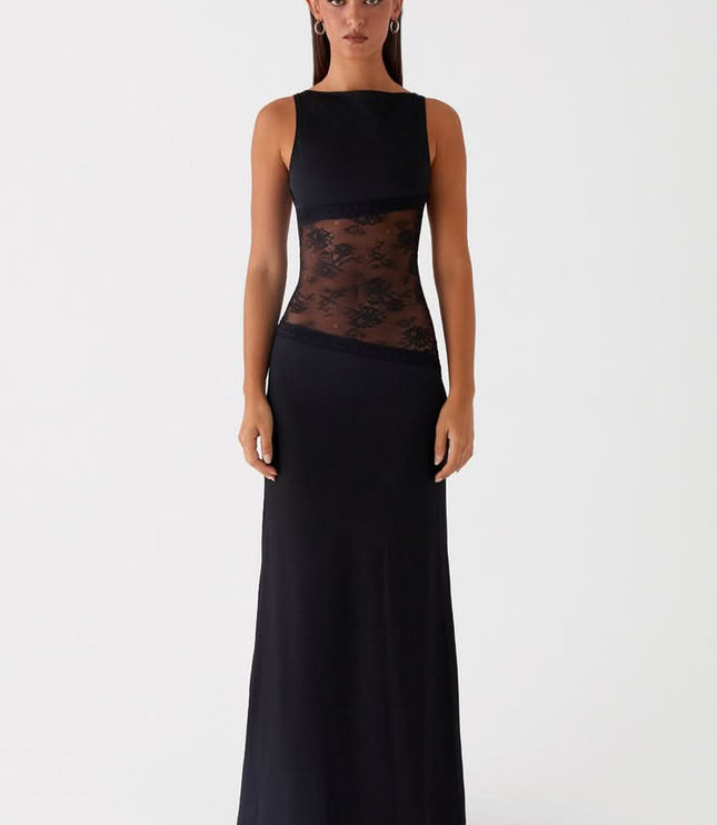 Black sleeveless maxi dress with lace cutout at waist