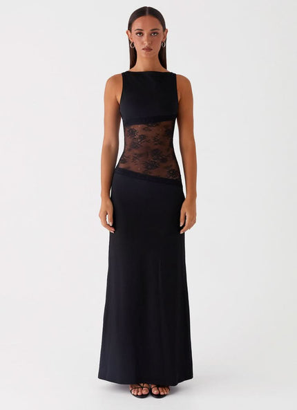 Black sleeveless maxi dress with lace cutout at waist