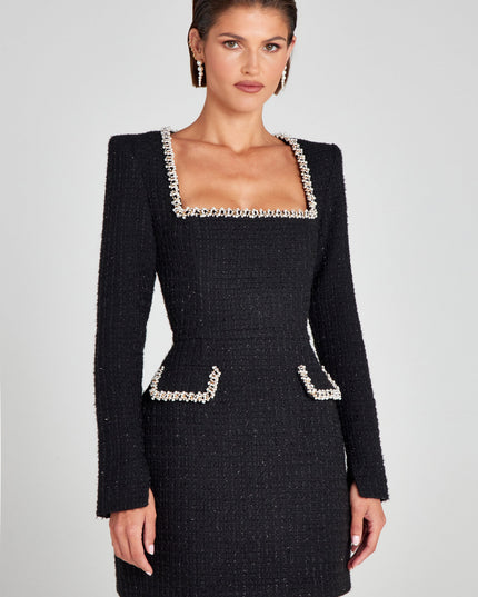 Vestido mini de cóctel con cuello cuadrado y mangas largas para mujer