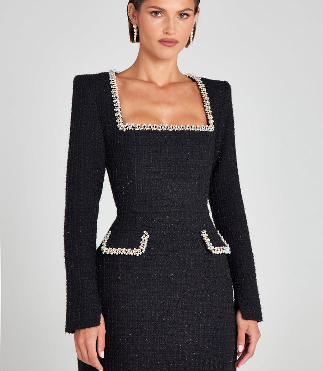 Vestido mini de cóctel con cuello cuadrado y mangas largas para mujer