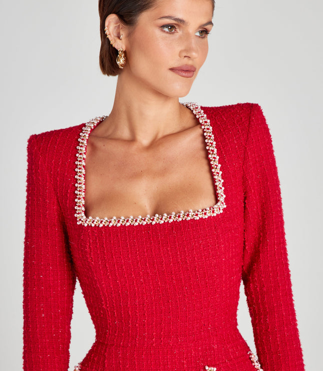 Vestido mini de cóctel con cuello cuadrado y mangas largas para mujer
