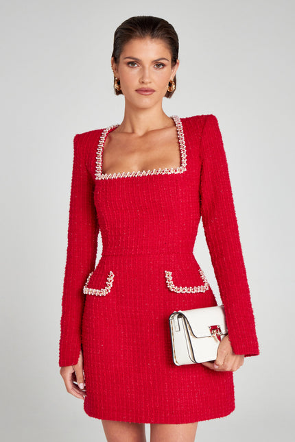 Vestido mini de cóctel con cuello cuadrado y mangas largas para mujer