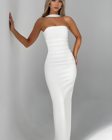 White strapless bodycon maxi dress with halter neck and ruched waist detail