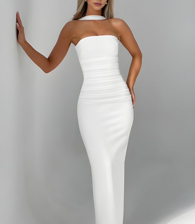 White strapless bodycon maxi dress with halter neck and ruched waist detail