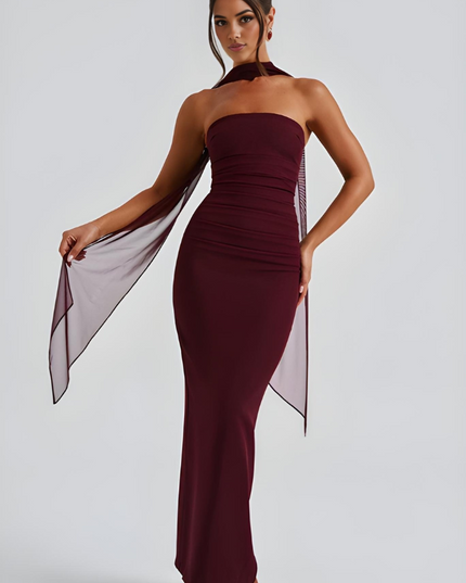 Burgundy strapless bodycon maxi dress with halter neck and chiffon overlay