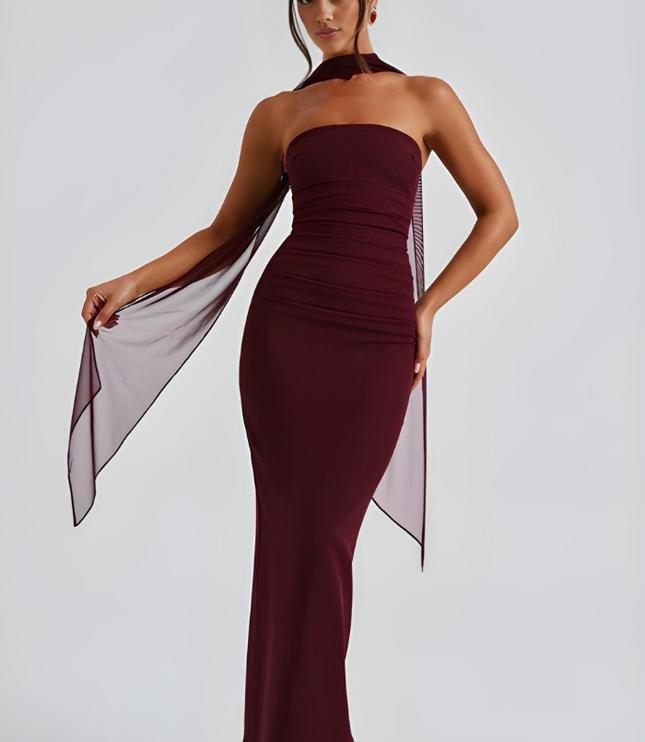 Burgundy strapless bodycon maxi dress with halter neck and chiffon overlay
