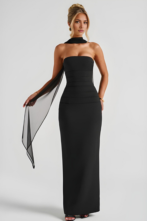 Black strapless bodycon maxi dress with halter neck collar and flowing sheer overlay