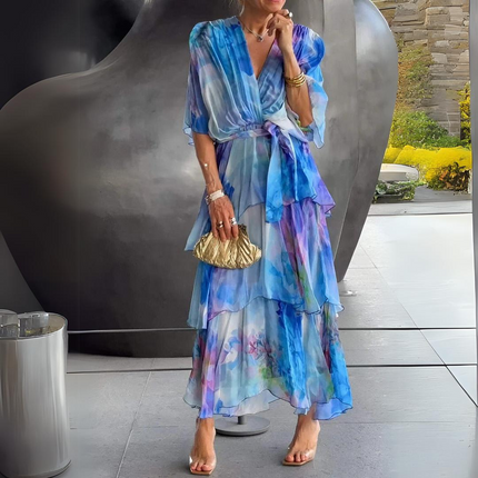 Women's watercolor floral v-neck midi dress with blue and purple tiered ruffles