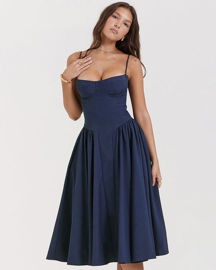 Navy blue adjustable strap midi dress with sweetheart bodice and voluminous skirt