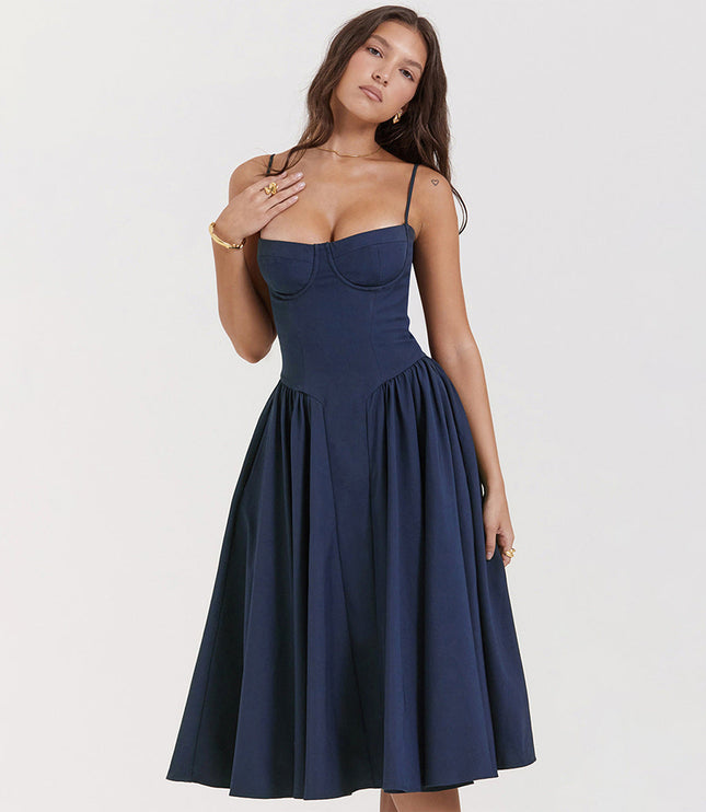 Navy blue adjustable strap midi dress with sweetheart bodice and voluminous skirt