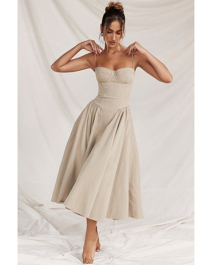 Beige cocktail midi dress with adjustable straps, fitted bodice, and full A-line skirt