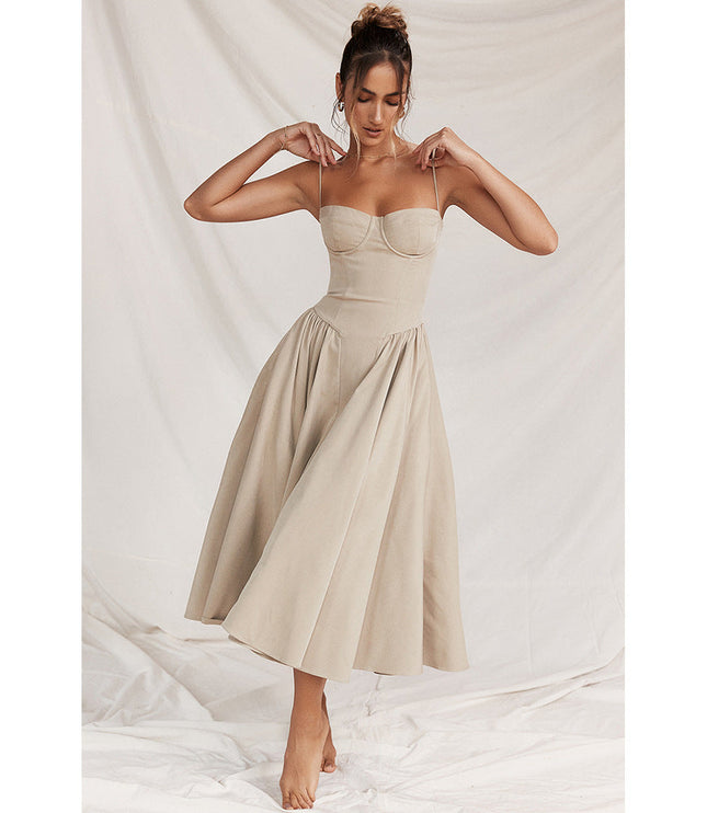 Beige cocktail midi dress with adjustable straps, fitted bodice, and full A-line skirt