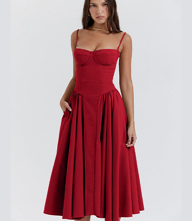 Red adjustable strap midi dress with structured bust, fitted waist, and midi-length skirt