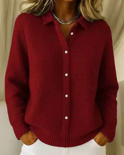 Women's Collared Button-Down Textured Knit Sweater Cardigan - Wine Red