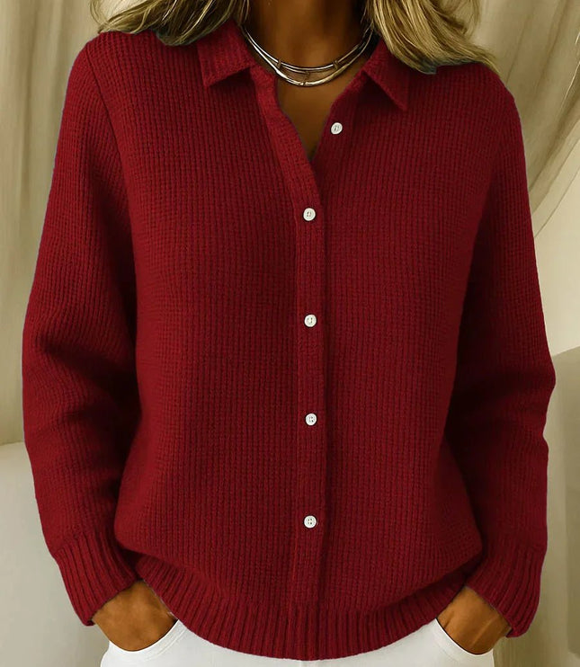 Women's Collared Button-Down Textured Knit Sweater Cardigan - Wine Red
