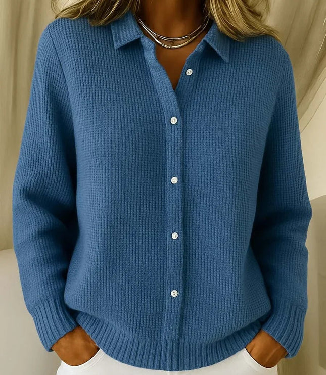 Women's Collared Button-Down Textured Knit Sweater Cardigan - Dark Blue