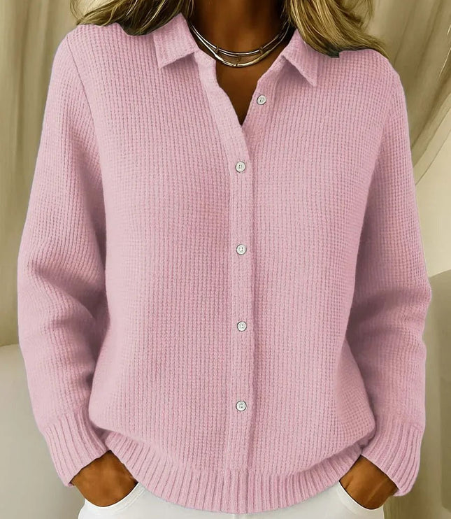 Women's Collared Button-Down Textured Knit Sweater Cardigan - Pink