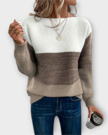 Women's Colour Block Knitwear Jumper with Wide Neckline