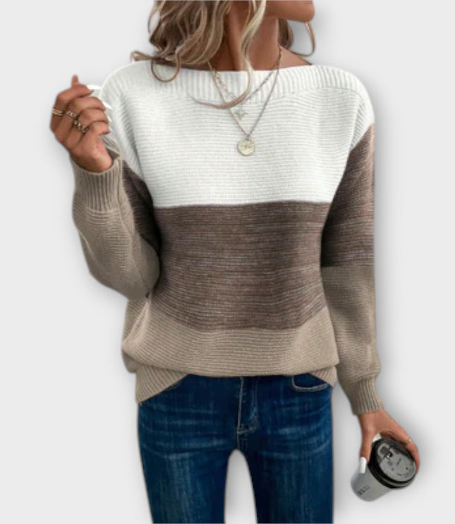 Women's Colour Block Knitwear Jumper with Wide Neckline