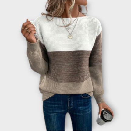 Women's Colour Block Knitwear Jumper with Wide Neckline